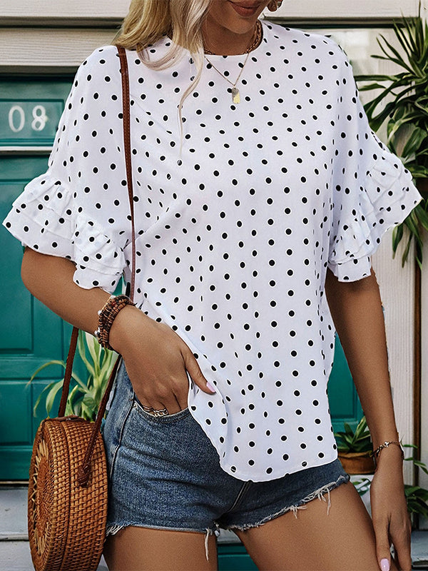 Hollow Polka-Dot Split-Joint Half Sleeves Loose Round-Neck Blouses&Shirts Tops