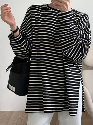 Split-Joint Split-Side Striped Long Sleeves Loose Round-Neck T-Shirts