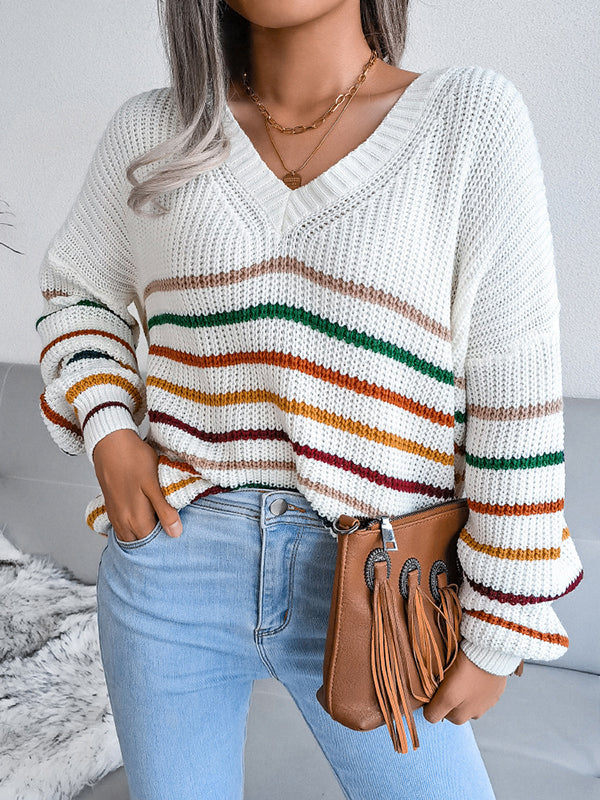 Contrast Color Split-Joint Striped Long Sleeves Loose V-neck Sweater Tops Pullovers