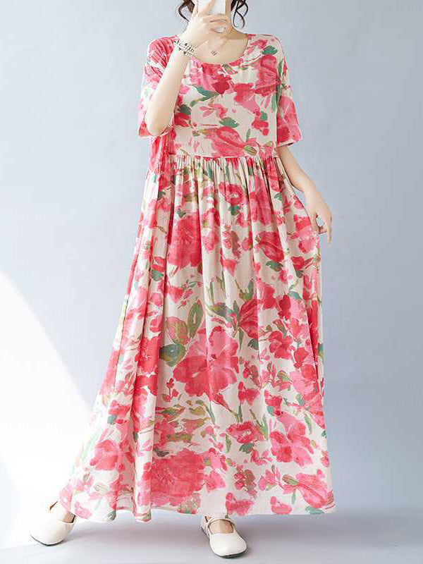 Flower Print Pleated Split-Joint A-line Batwing Sleeves Round-neck Midi Dresses