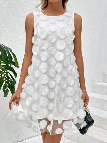 Mesh Polka-Dot Pure Color Roomy Sleeveless Round-Neck Mini Dresses