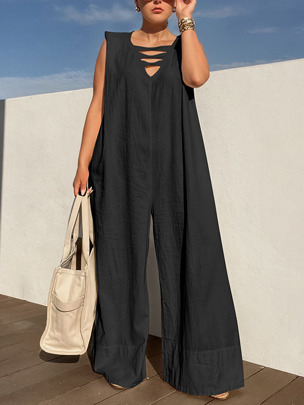 Hollow Solid Color Loose Sleeveless V-Neck Jumpsuits