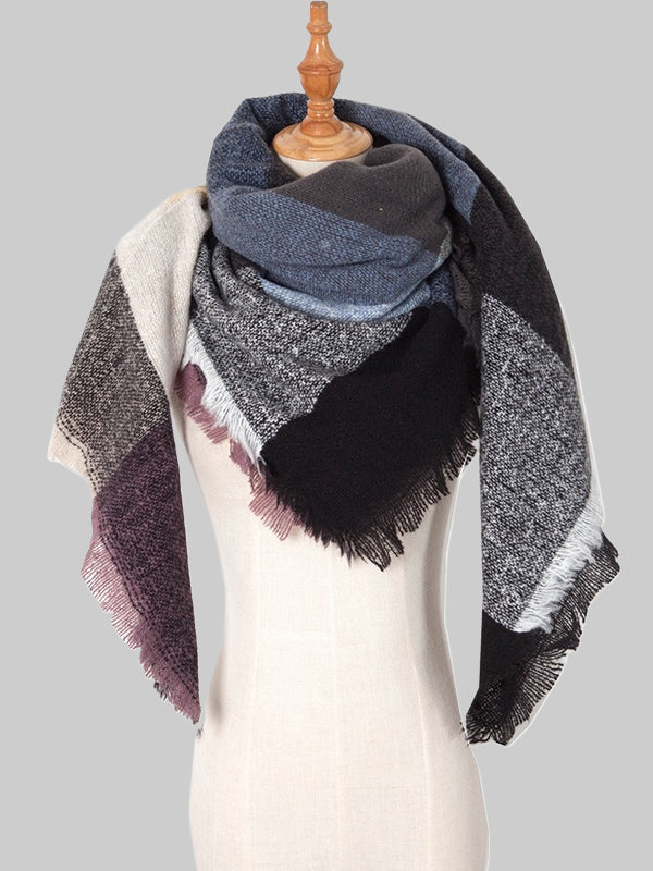 Contrast Color Diamond-Patterned Fringed Keep Warm Triangle Shawl&Scarf