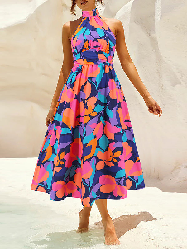 Pleated Printed Split-Joint A-Line Loose Halter-Neck Midi Dresses