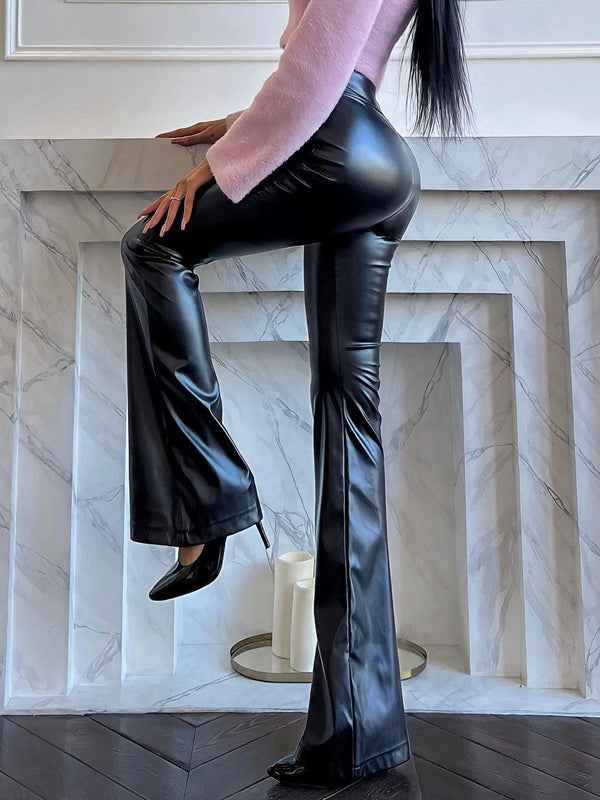 Shiny Solid Color High Waisted Pants Flared Trousers