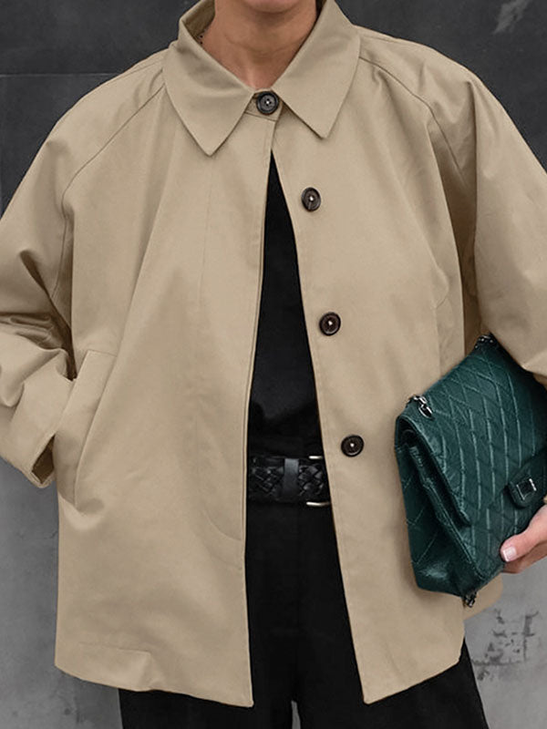 Buttoned Pockets Long Sleeves Loose Lapel Trench Coats Outerwear