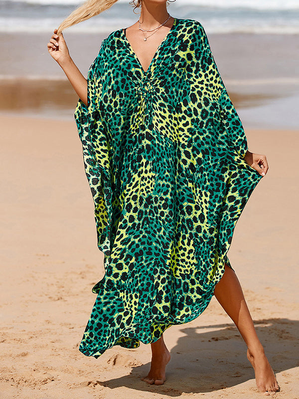 Leopard Split-Joint Split-Side Sun Protection Batwing Sleeves Loose V-Neck Maxi Dresses Beach Cover-Up