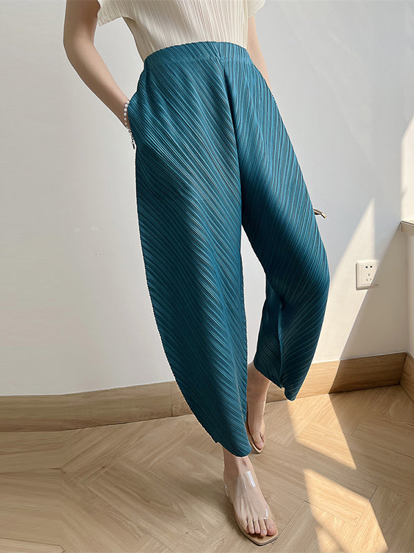 Elasticity Pleated Solid Color Split-Joint Harem Pants High Waisted Trousers Pants Ninth Pants