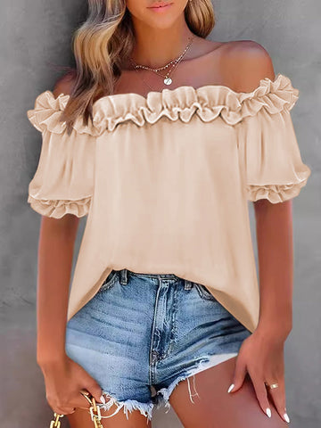 Pleated Ruffle Trim Solid Color Loose Short Sleeves Off-the-shoulder Blouses&shirts Tops