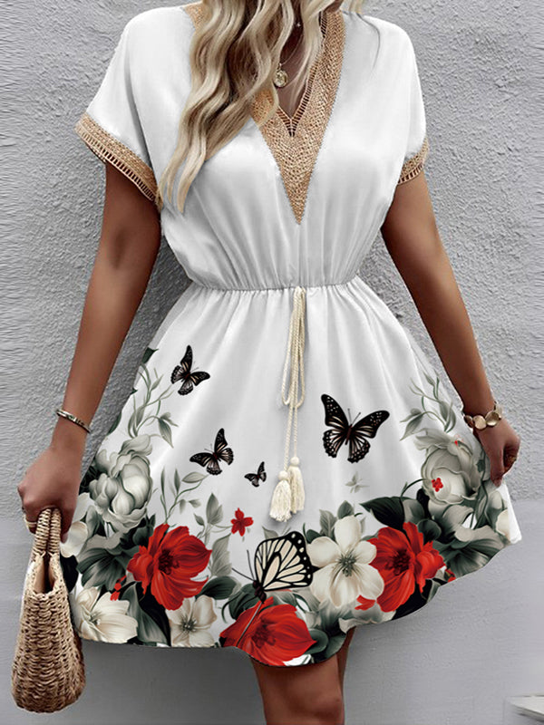 Butterfly Print Elasticity Hollow Split-Joint Tasseled Tied Waist A-line Loose V-neck Mini Dresses