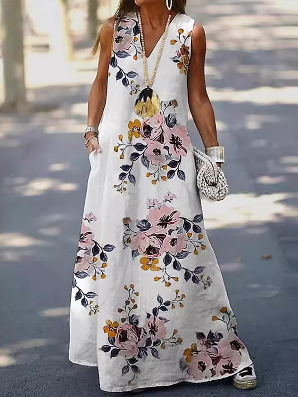 Flower Print Pockets A-line Loose V-neck Maxi Dresses