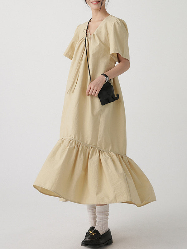 Drawstring Pleated Solid Color Split-Joint Loose Short Sleeves V-neck Shirt Dress Midi Dresses