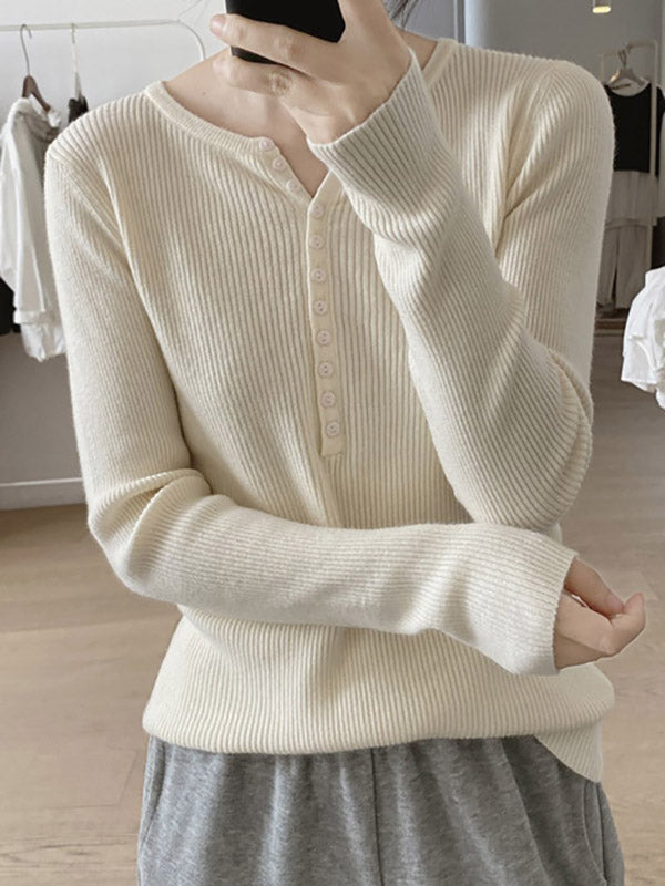 Buttoned Solid Color Long Sleeves Round-Neck Sweater Tops Pullovers