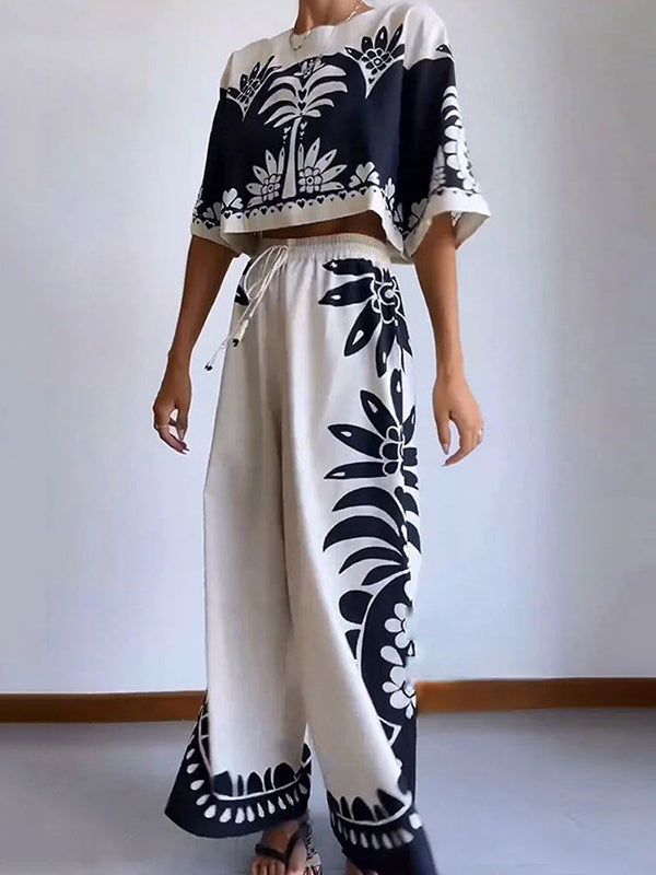 Loose Printed Round-Neck T-Shirts + Drawstring Elasticity High Waisted Pants Trousers Two Pieces Set