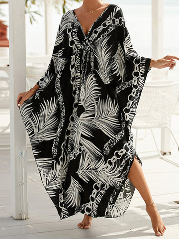 Printed Split-Joint Split-Side Sun Protection Batwing Sleeves Loose V-Neck Maxi Dresses Beach Cover-Up