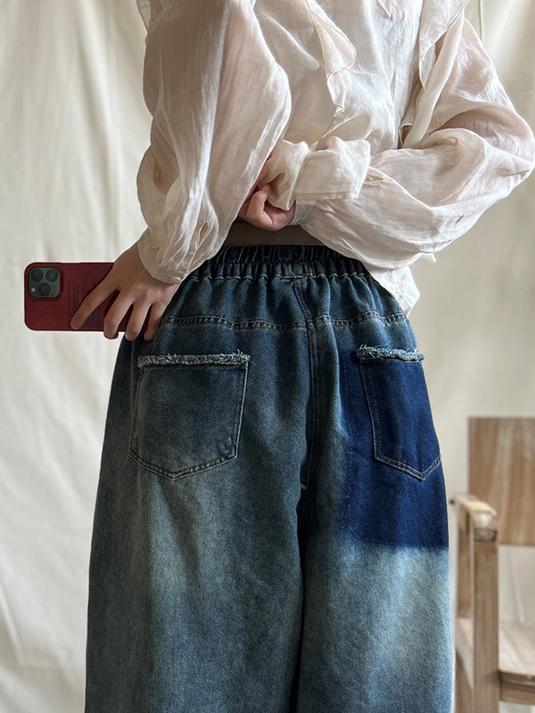 Contrast Color Elasticity Pockets Relaxed Fit Wide Leg Jean Pants Bottoms