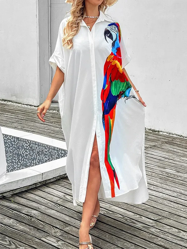 Animal Printed Buttoned Split-side Half Sleeves High-low Lapel Shirt Dress Maxi Dresses