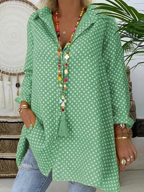 Buttoned Polka-Dot Long Sleeves Loose Lapel Blouses&Shirts Tops