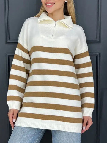 Contrast Color Split-Joint Striped Zipper Long Sleeves Loose Lapel Sweater Tops Pullovers