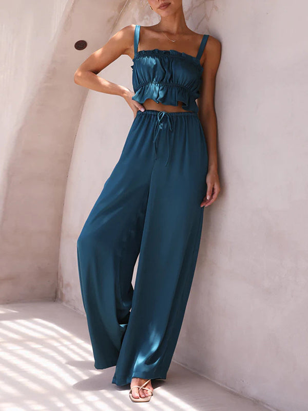 Elasticity Pleated Solid Color Spaghetti-Neck Tops + High Waisted Drawstring Pants Trousers Two Pieces Set