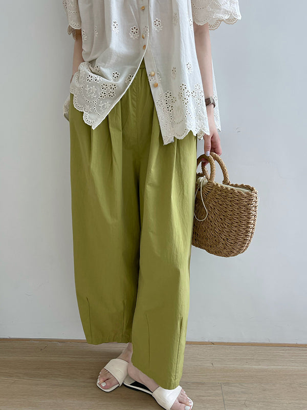 Elasticity Pleated Solid Color Split-Joint High Waisted Loose Trousers Pants