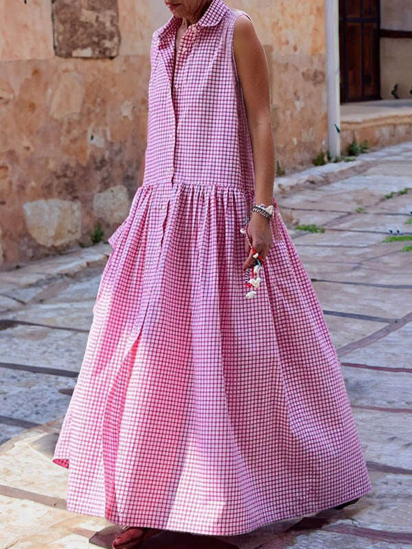 Plaid Pleated Split-Joint Loose Sleeveless Lapel Shirt Dress Maxi Dresses