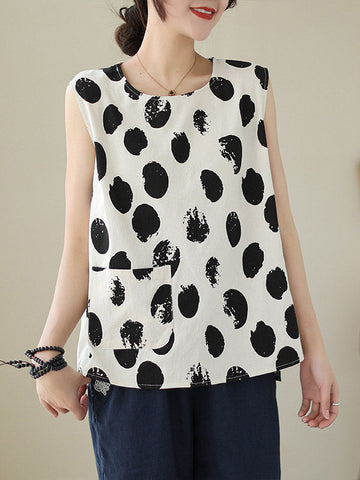 Pockets Polka-Dot Loose Plus Size Round-neck Vest Top