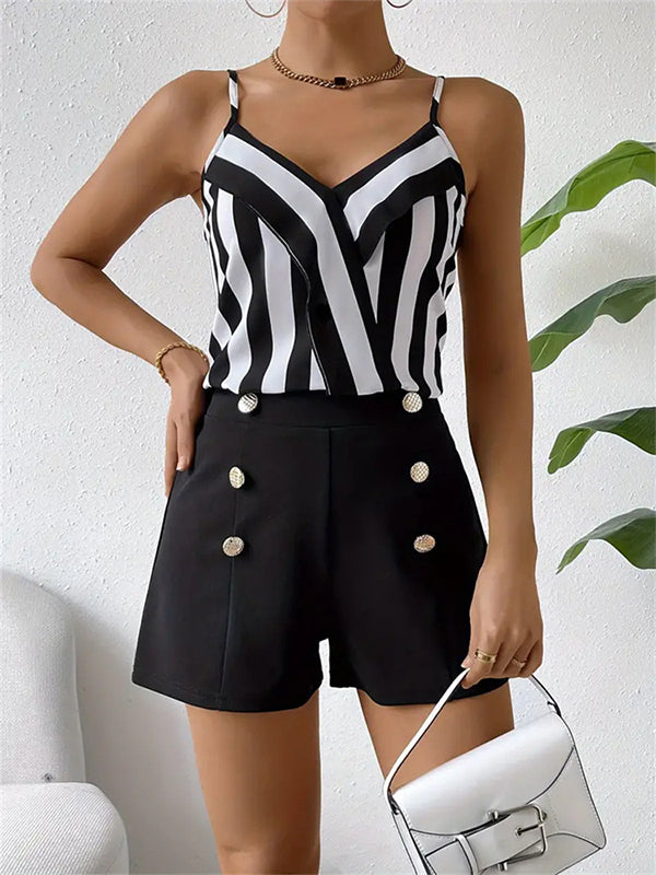 Spaghetti-Neck Loose Sleeveless Buttoned Split-Joint Striped Vest Top + Shorts Bottom Two Pieces Set