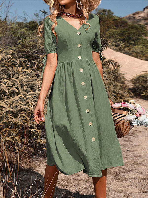 Buttoned Hollow Pleated Split-Joint Tied A-line High Waisted V-neck Midi Dresses