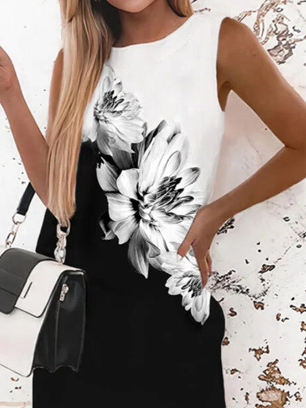 Flower Print Loose Sleeveless Round-Neck Mini Dresses