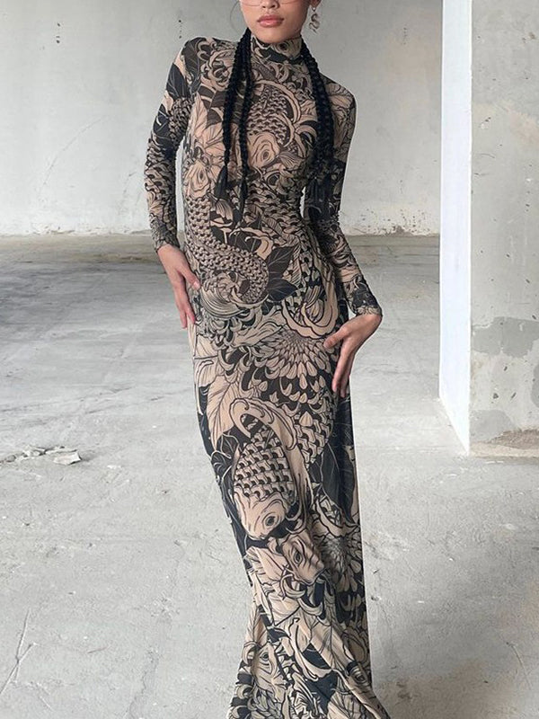 Printed See-Through Split-Joint Long Sleeves Skinny High Neck Maxi Dresses Evening Dresses