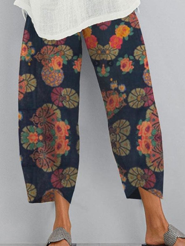 Flower Print Pockets Split-Joint Loose Trousers Pants