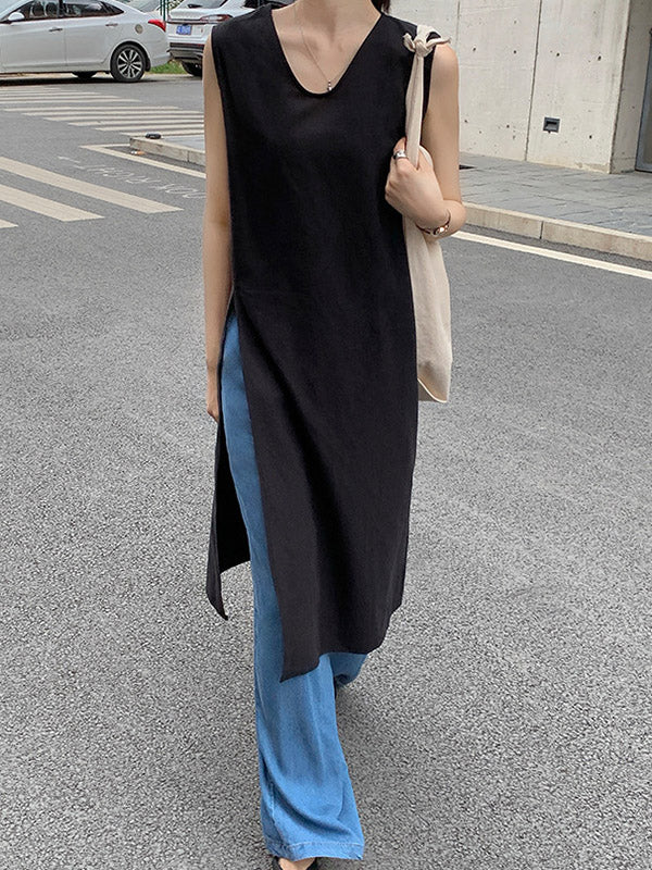 Solid Color Split-side Loose Sleeveless V-neck Vest Top