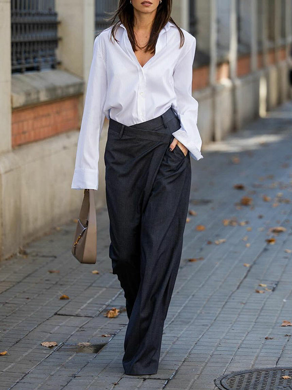 Asymmetric Solid Color Split-Joint High Waisted Loose Trousers Suit Pants