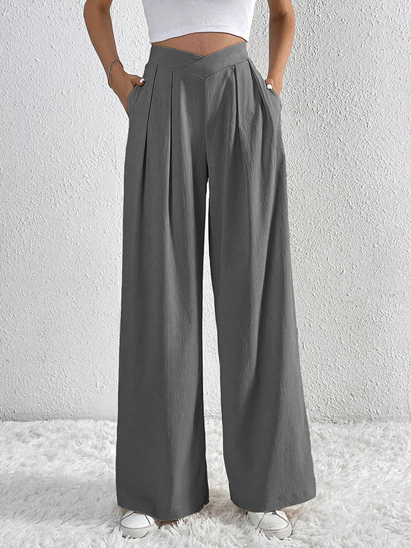 Pleated Plain Relaxed Fit Wide Leg Trousers Pants