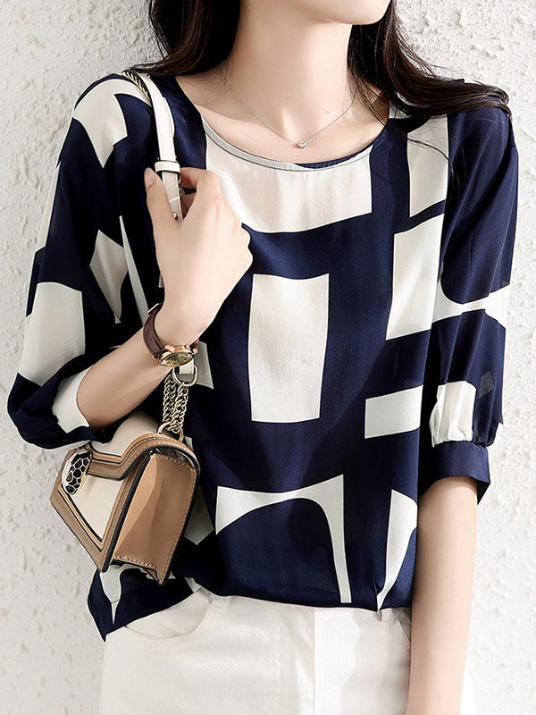 Printed Split-Joint Loose Three-Quarter Sleeves Round-Neck Blouses&Shirts Tops