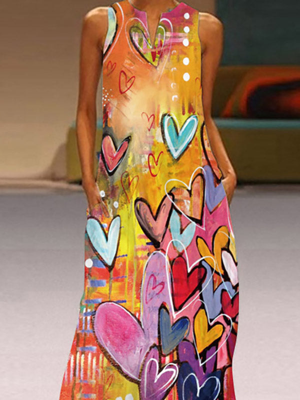 Heart Print A-line Loose Round-neck Maxi Dresses