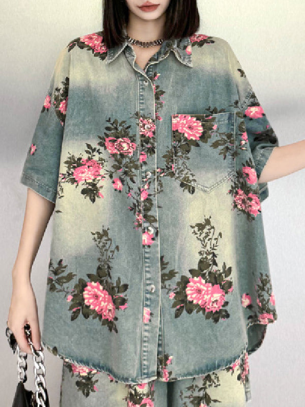 Floral Printed Split-Joint High-Low Loose Lapel Blouses&Shirts Tops