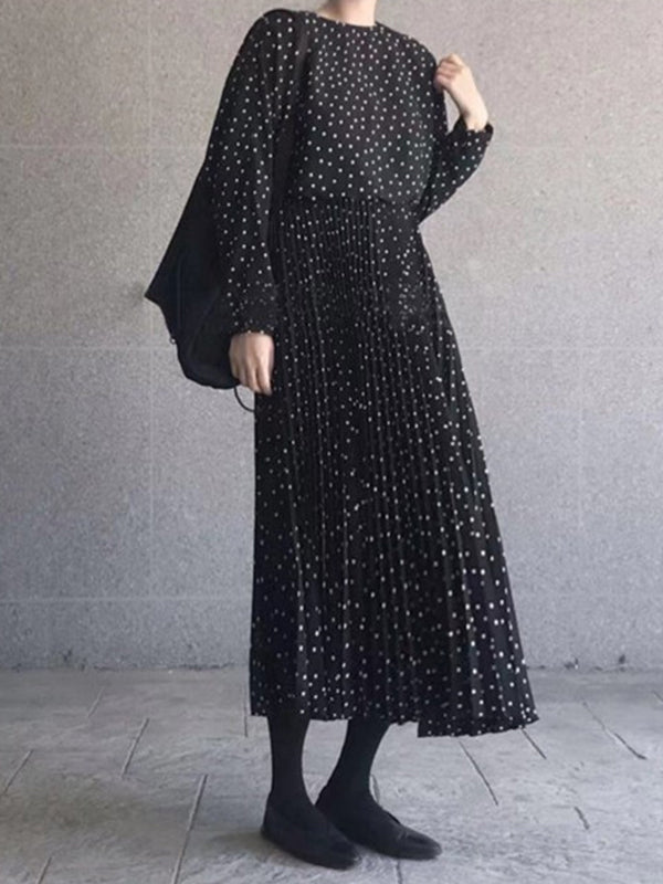 Elasticity Pleated Polka-Dot Split-Joint Long Sleeves Loose Round-Neck Midi Dresses