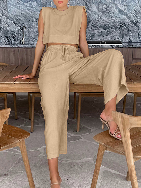 Solid Color Loose Sleeveless Shoulder Pad Tied Round-Neck Vest Top + Drawstring Elasticity Pants Bottom Two Pieces Set