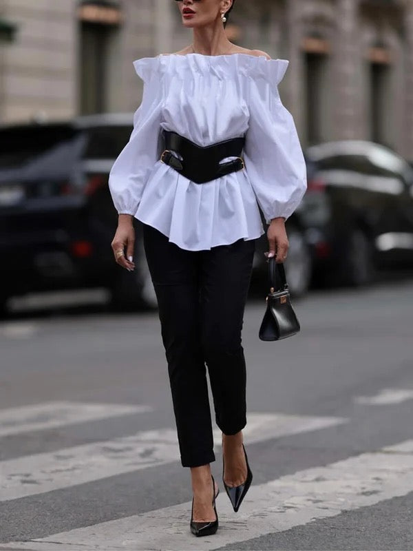 Belted Elasticity Pleated Solid Color Long Sleeves Loose Off-The-Shoulder Blouses&Shirts Tops