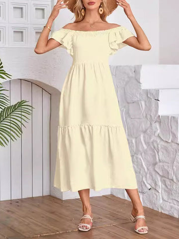 Elasticity Pleated Ruffled Solid Color Split-Joint A-Line Loose Off-The-Shoulder Midi Dresses