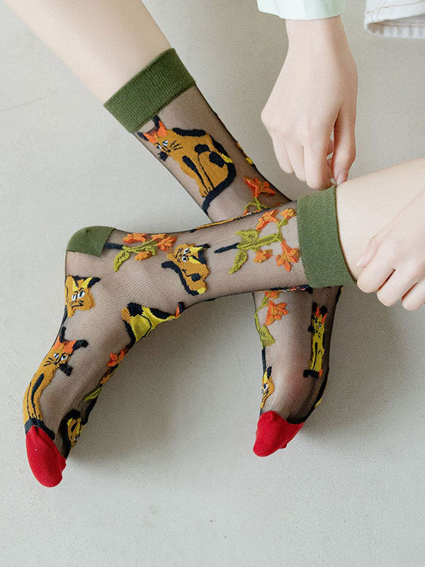 Animal Printed Breathable See-Through Split-Joint Sweat-Absorbing Socks Accessories