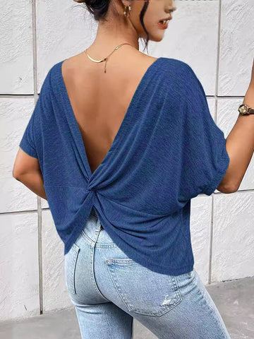 Backless Pleated Solid Color Split-Joint Batwing Sleeves Loose Round-Neck T-Shirts Tops