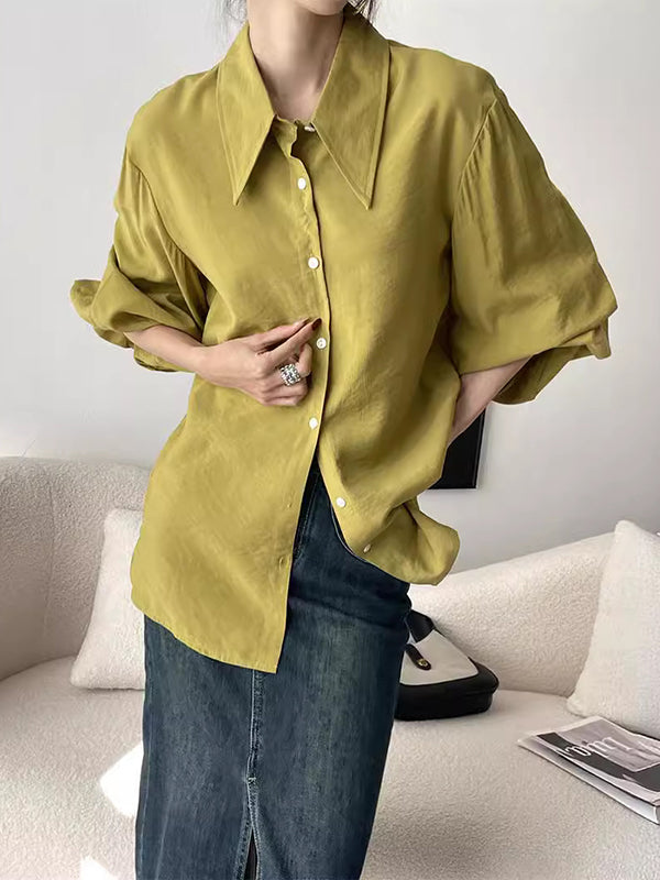 Pleated Split-Joint Sun protection Loose Puff Sleeves Lapel Blouses