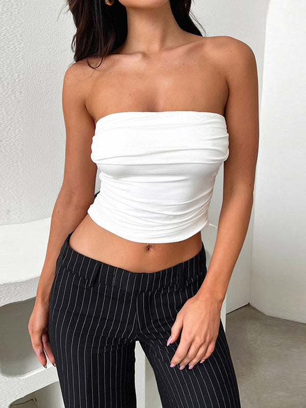 Pleated Solid Color Skinny Sleeveless Tube Vest Top