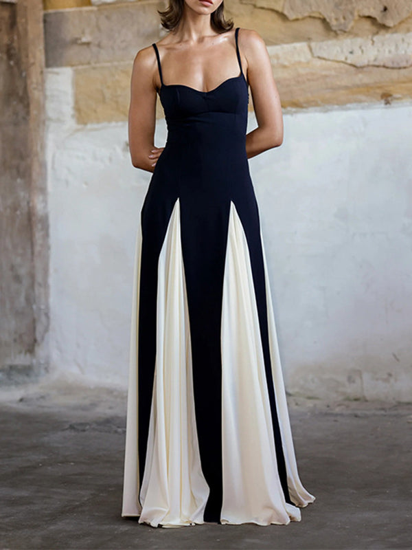 Backless Contrast Color Pleated Split-Joint High Waisted Sleeveless Spaghetti-Neck Maxi Dresses