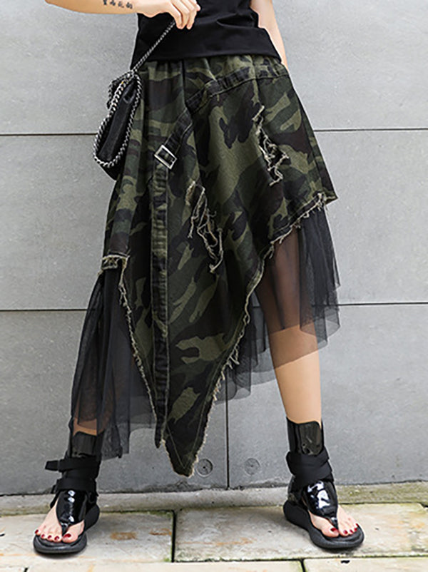 Asymmetric Camouflage Elasticity Fringed Mesh Split-Joint A-Line Loose Skirts Bottoms