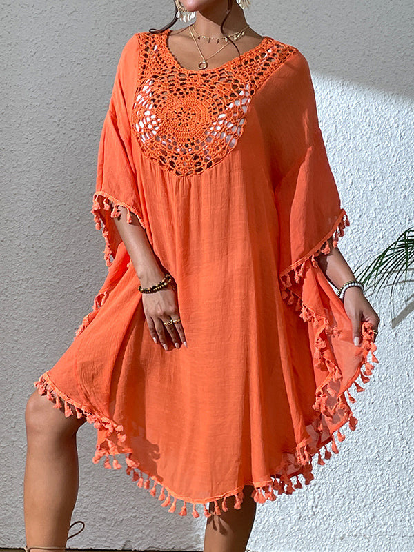 Hollow Solid Color Sun Protection Tasseled Batwing Sleeves Loose Round-Neck Midi Dresses Cover-Ups Tops