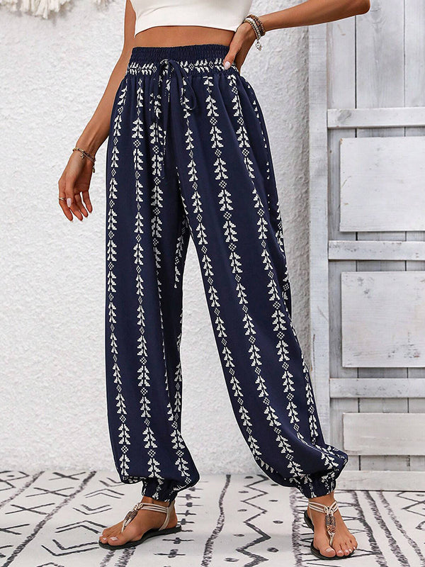 Drawstring Elasticity Pleated Printed High Waisted Loose Trousers Pants Knickerbockers